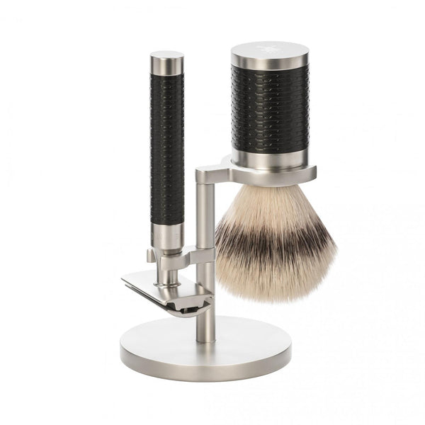 Muhle | MÜHLE Rocca Stainless Steel & Black 3-Piece Silvertip Fiber & Safety Razor Shaving Set